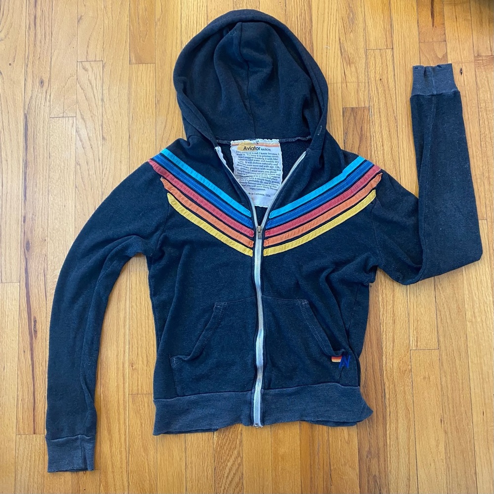 Aviator Nation Sweatshirt Hoodie Charcoal Gray 5 Stripe Size S Zip-Up Retro